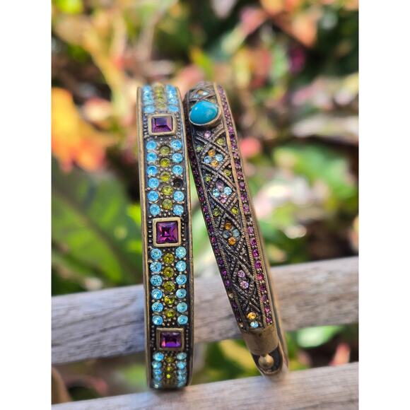 2 Heidi Daus Hinged Bronze Tone Multi Color Swarovski Crystal Bangle Bracelets - Picture 2 of 10